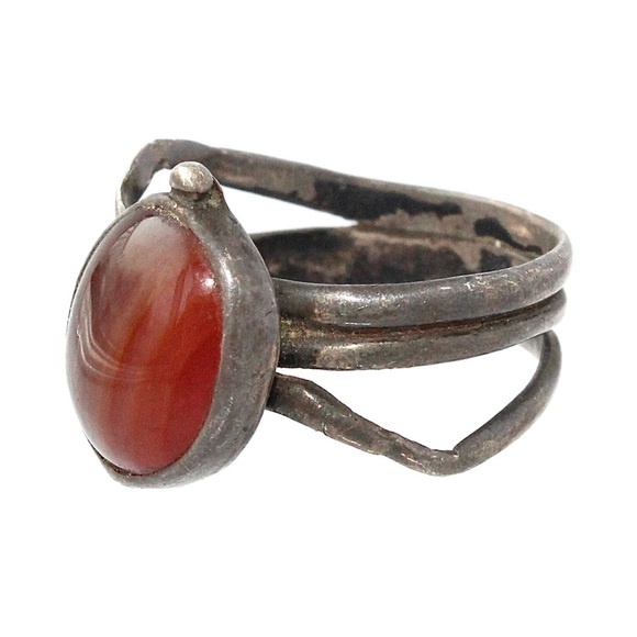 Vintage Banded Agate Sterling Silver Ring Size 7 Red Orange Striped Asymmetrical - Picture 2 of 5